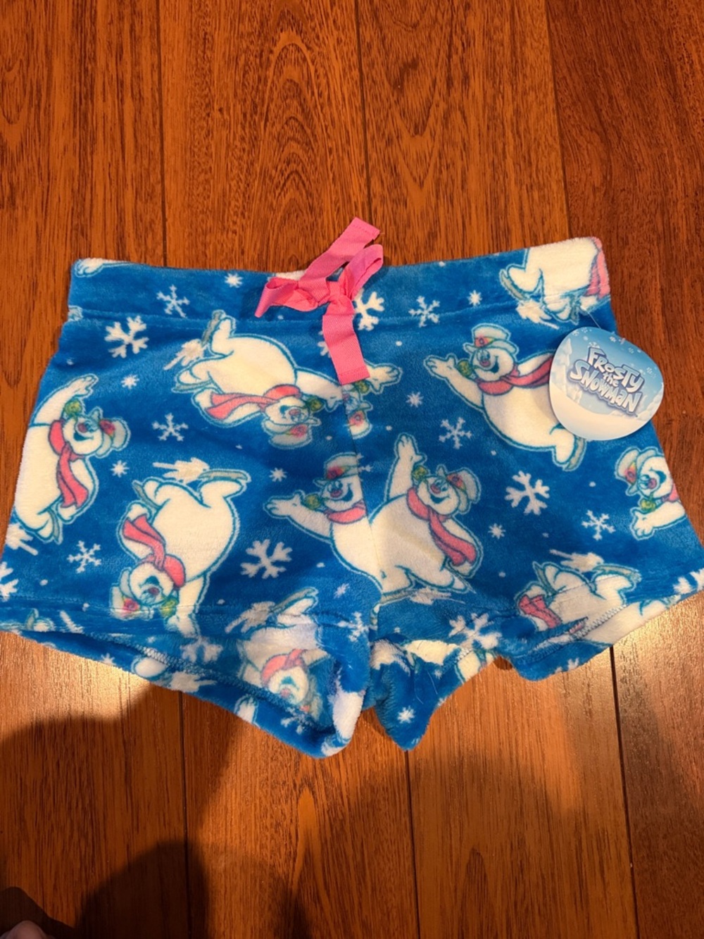 Frosty Snowman Blue Plush Kids Shorts with Pink Drawstring